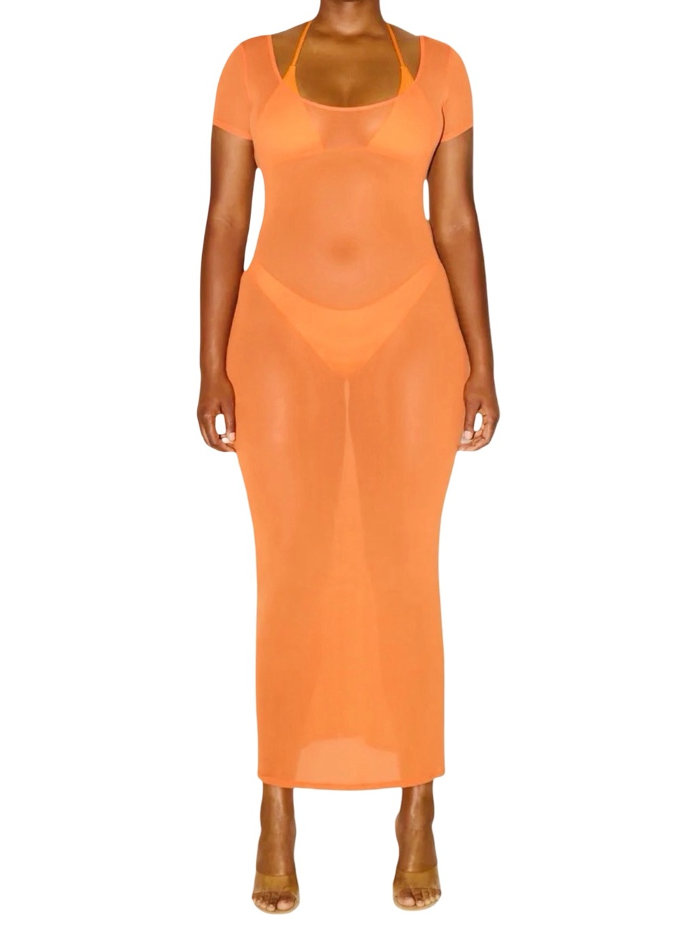 Khy by Kylie Jenner Mesh Scoop Neck Maxi Dress - Size Medium - Orange